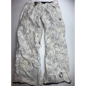 Trilogy Powder Room Women Ski Snowboard Pants L White Black Print 20K Waterproof
